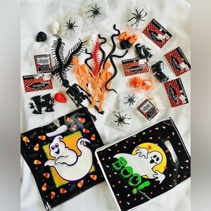 Vintage 90s Halloween Party Bags Craft Lot Flocked Sealed NWT Cobwebs Pumpkin